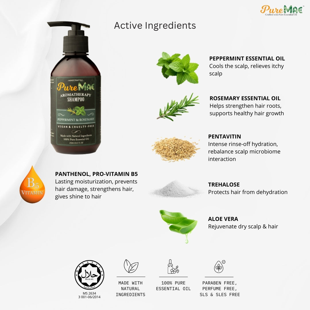 PureMAE Dandruff & Itchy Scalp Shampoo | Dry Scalp Repair & Hair Growth | Peppermint Rosemary Shampoo 250ml