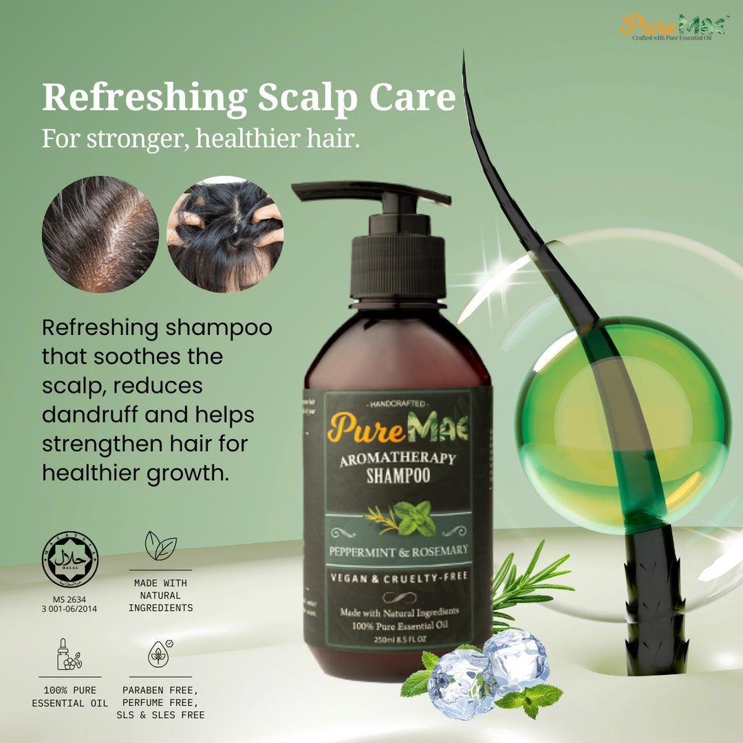 PureMAE Peppermint & Rosemary Shampoo 250ml for Dandruff, Itchy Scalp & Hair Growth