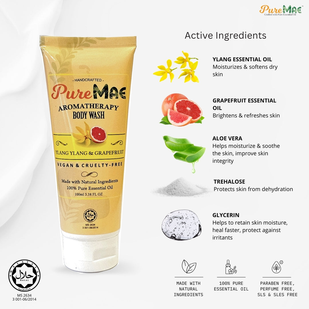 PureMAE Body Wash for Dry Skin | Deep Hydration Moisturizing Cleanser | Ylang Ylang Grapefruit Body Wash 100ml
